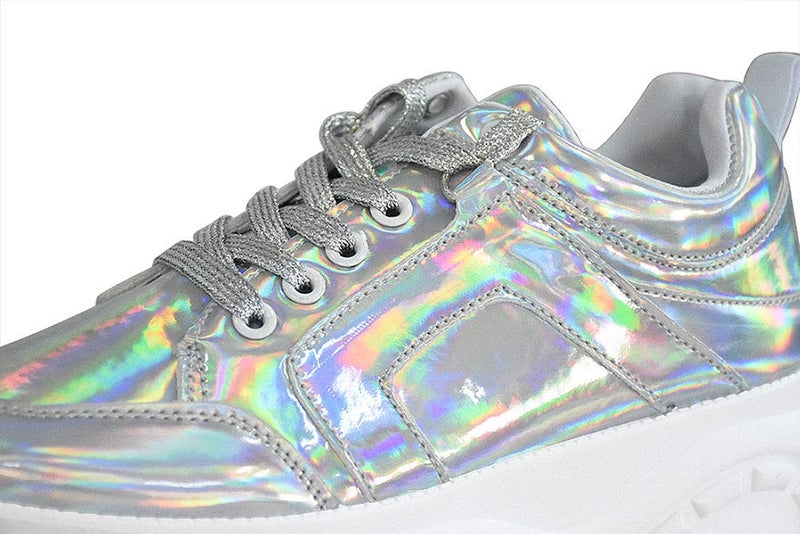 LUCKY STEP Women Chunky Platform Dad Colorblock White Neon Green Fuchsia Hologram Silver Casual Lace-Up Walking Sneakers (10 B(M) US, Hologram Silver) - Image 4